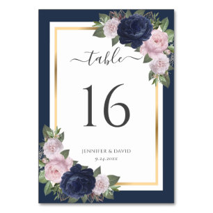 Navy Blue Gold Blush Floral Wedding Table Number