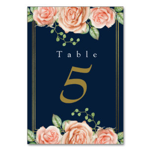 Navy Blue Gold Blush Floral Wedding Table Number