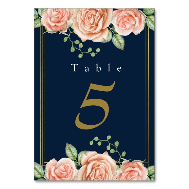 Navy Blue Gold Blush Floral Wedding Table Number (Front)