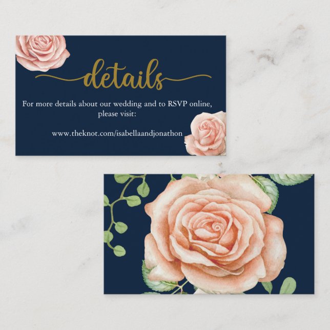 Navy Blue Gold Blush Floral Wedding Website Detail Enclosure Card (Front/Back)