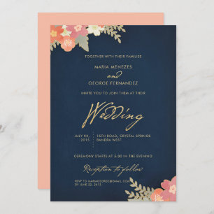 Navy Blue Gold Blush Pink Coral Peach Wedding Invi Invitation