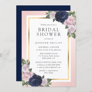 Navy Blue Gold Blush Pink Floral Bridal Shower Invitation
