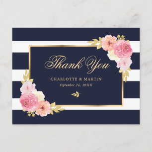 Navy Blue Gold Blush Pink Floral Thank You Postcard