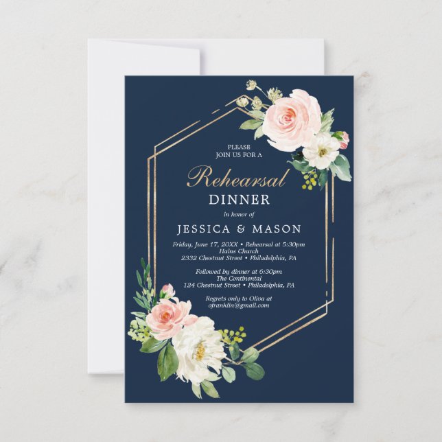 Navy Blue Gold Blush Rehearsal Dinner Invite Card (Front)