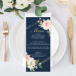 Navy Blue Gold Blush Wedding Menu<br><div class="desc">Display your delicious menu on these lovely cards - perfect size to place on each plate! This design features a lovely script font and beautiful bouquet. Easily edit the food items!</div>