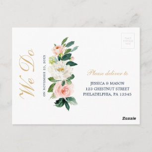 Navy Blue Gold Blush Wedding RSVP Postcard
