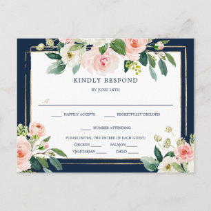 Navy Blue Gold Blush Wedding RSVP Postcard