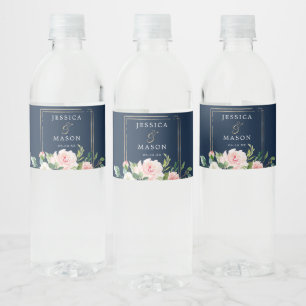 Navy Blue Gold Blush Wedding Water Bottle Labels