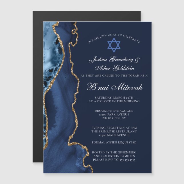 Navy Blue Gold B'nai Mitzvah Elegant Party Magnetic Invitation (Front/Back)