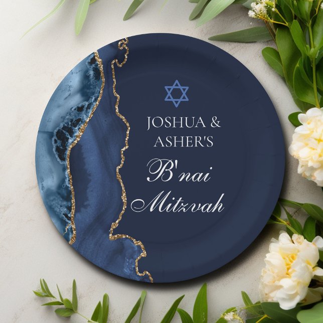 Navy Blue Gold B'nai Mitzvah Elegant Party Paper Plate (Creator Uploaded)