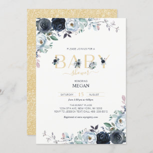 Navy Blue & Gold Boho Floral Baby Shower Invitation