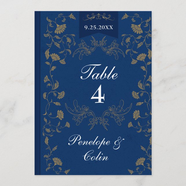 Navy Blue Gold Book Cover Wedding Table Number  (Front)