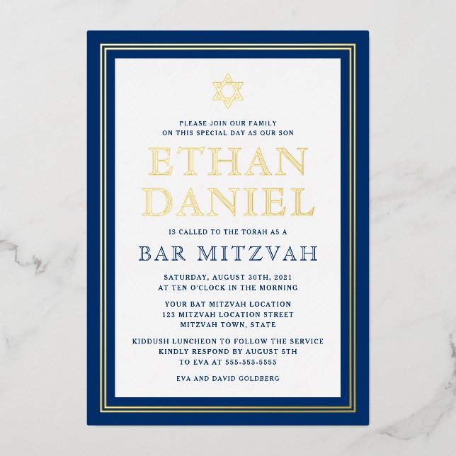 Navy blue gold border bar mitzvah Star of David (Front)