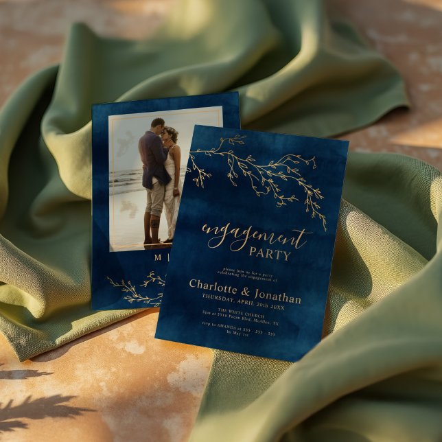 Navy Blue & Gold Botanical Engagement Party Invitation (Creator Uploaded)