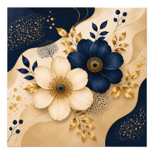 Navy Blue & Gold Botanical Floral Pattern  Photo Print