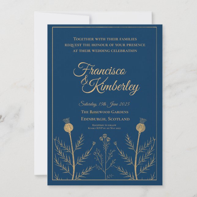 Navy Blue Gold Botanical Thistle Personalized Wedd Invitation (Front)