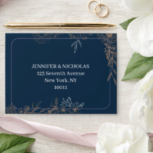 Navy Blue Gold Botanical Wedding RSVP Envelope