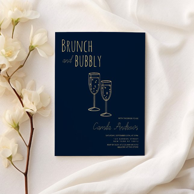 Navy Blue Gold Brunch And Bubbly Bridal Shower  Invitation (Navy Blue Gold Brunch And Bubbly Bridal Shower)