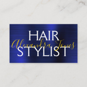 Navy Blue Gold Brushed Metal Hair Stylist Business Card