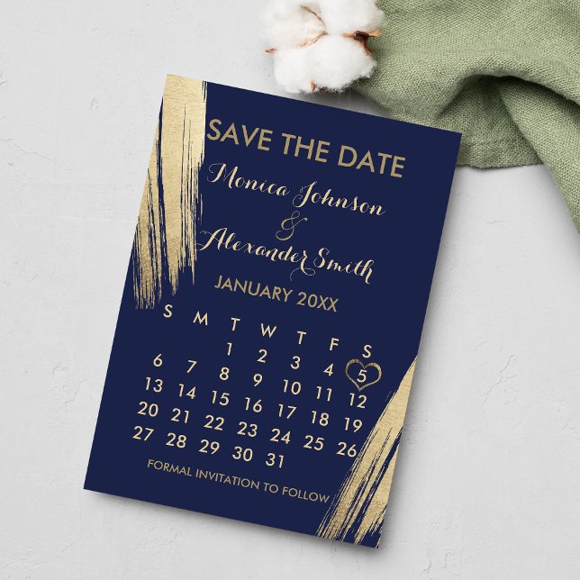 Navy Blue Gold Brushstrokes Calendar Wedding Save The Date (Navy Blue Gold Brushstrokes Calendar Wedding Save The Date)