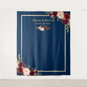 Navy Blue Gold Burgundy Floral Wedding Backdrop Tapestry