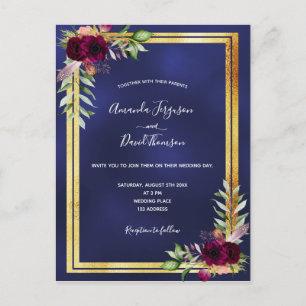 Navy blue gold burgundy florals wedding invitation postcard