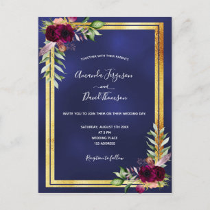 Navy blue gold burgundy florals wedding invitation postcard