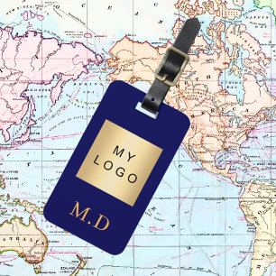 Navy blue gold business company logo monogram luggage tag