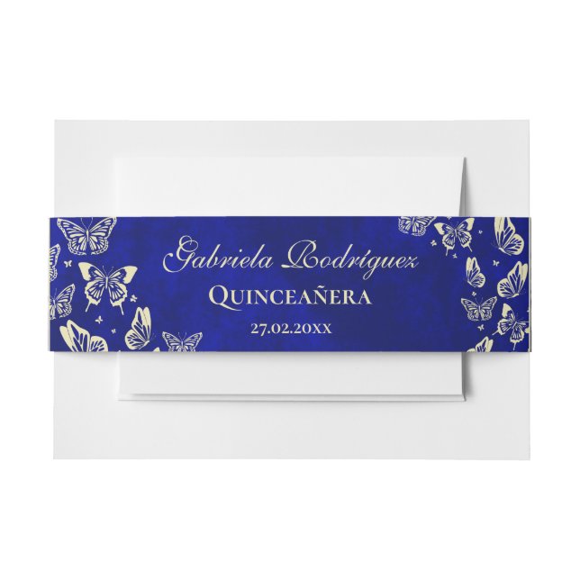 Navy Blue Gold Butterfly 15 Years Old Quinceañera Invitation Belly Band (Front Example)
