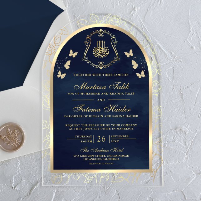 Navy Blue Gold Butterfly Arch Muslim Wedding Acrylic Invitations (Creator Uploaded)