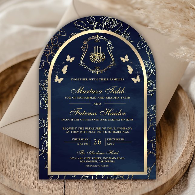 Navy Blue Gold Butterfly Arch Muslim Wedding Invitation (Creator Uploaded)