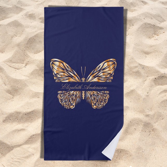 Navy blue gold butterfly name script beach towel (Creator Uploaded)