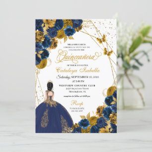 Navy Blue & Gold Butterfly Princess Quinceanera Invitation