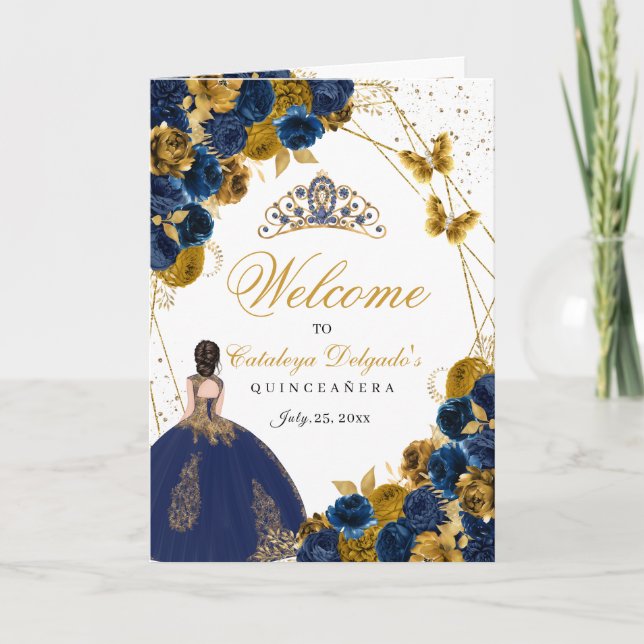 Navy Blue & Gold Butterfly Quinceanera Program (Front)