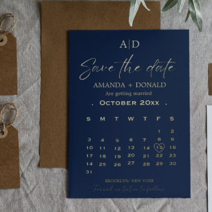 Navy Blue & Gold Calendar Wedding Save the date
