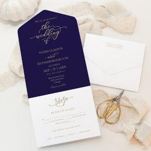 Navy Blue Gold Calligraphy All in One Wedding Invitation
