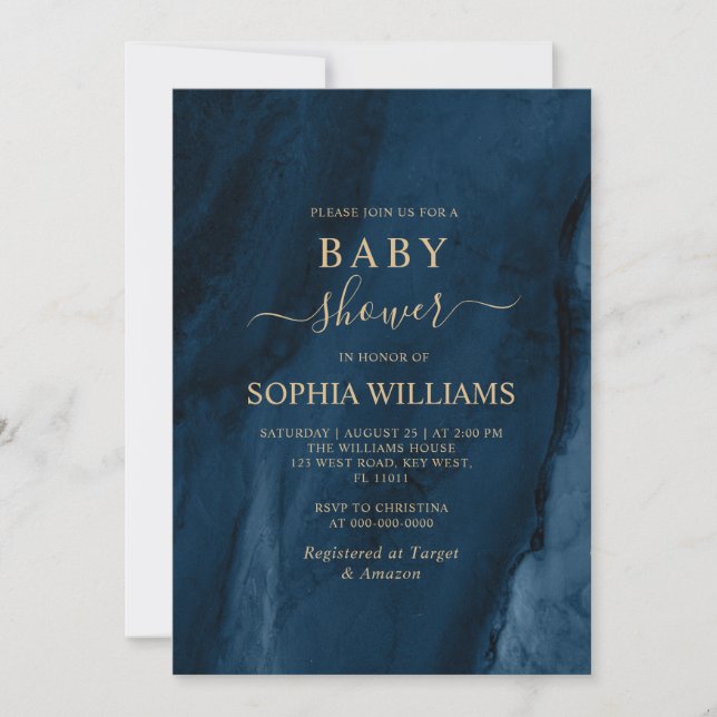 Navy Blue & Gold Calligraphy Baby Shower  Invitation (Front)