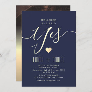 Navy Blue Gold Calligraphy Engagement Party Invitation