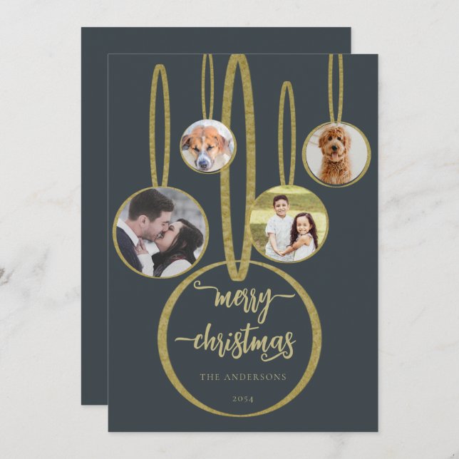 Navy Blue Gold Calligraphy Family Photo Christmas Holiday Card (Front/Back)