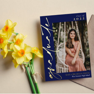 Navy Blue Gold Calligraphy Photo Graduation