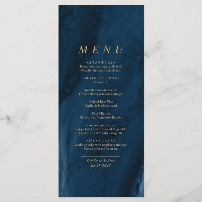 Navy Blue & Gold Calligraphy Wedding Menu (Front)