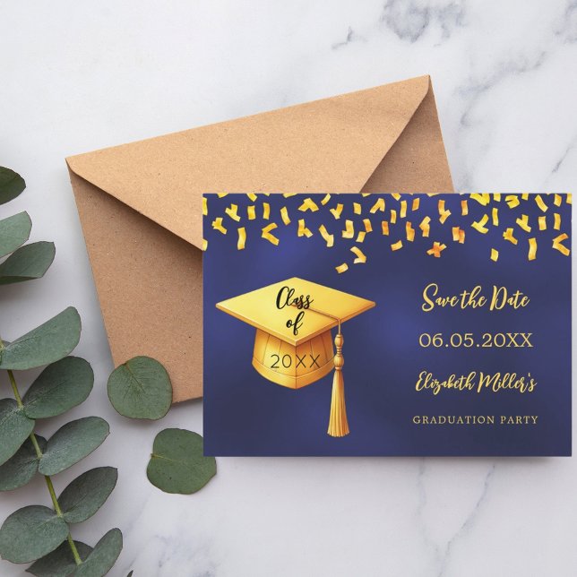 Navy blue gold cap confetti Graduation Party Save The Date (Creator Uploaded)