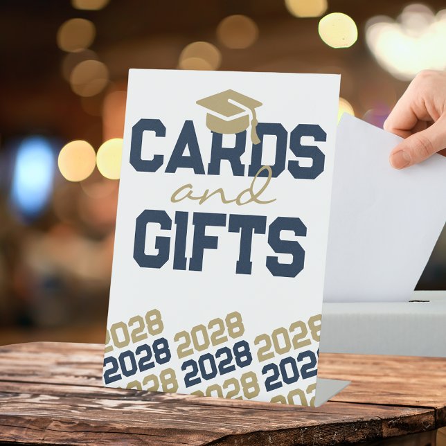 Navy Blue & Gold Cards & Gifts Graduation Table Pedestal Sign (Cards and Gifts Acrylic Standing Party Pedestal Sign in Navy Blue, White and Bronze Gold)