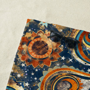 Navy Blue Gold Celestial Paisley Pattern Monogram Beach Towel