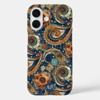  Navy Blue Gold Celestial Paisley Pattern Monogram