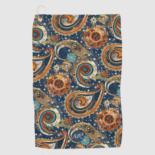  Navy Blue Gold Celestial Paisley Pattern Monogram Golf Towel (Front)