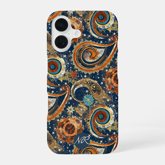  Navy Blue Gold Celestial Paisley Pattern Monogram iPhone 16 Case (Back)