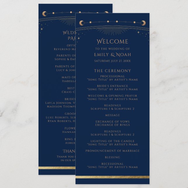 Navy Blue Gold Celestial Sun Moon Stars Wedding Program (Front/Back)