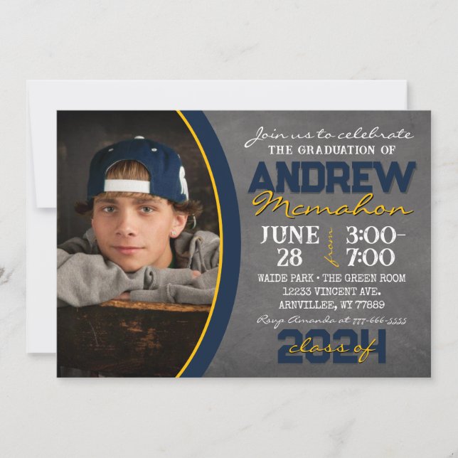 Navy Blue & Gold Chalkboard Graduation Invitation (Front)
