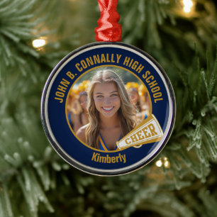 Navy Blue Gold Cheerleader Photo Christmas Metal Ornament